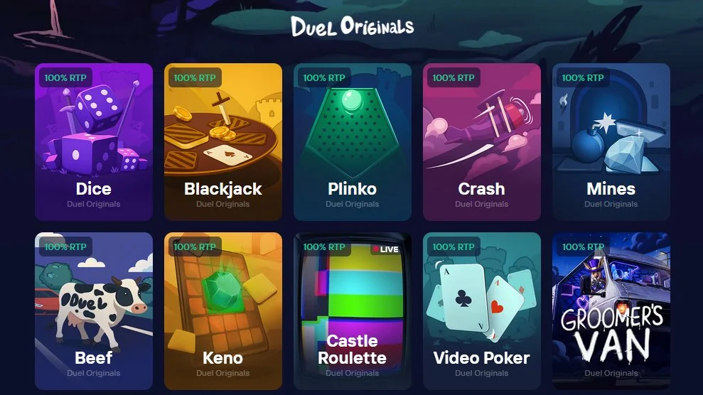 Duel Originals — 100% RTP у всех игр: Кубик · Блэкджек · Пинко · Краш · Мины · Beef · Кено · Castle Roulette · Video Poker · Groomer's Van