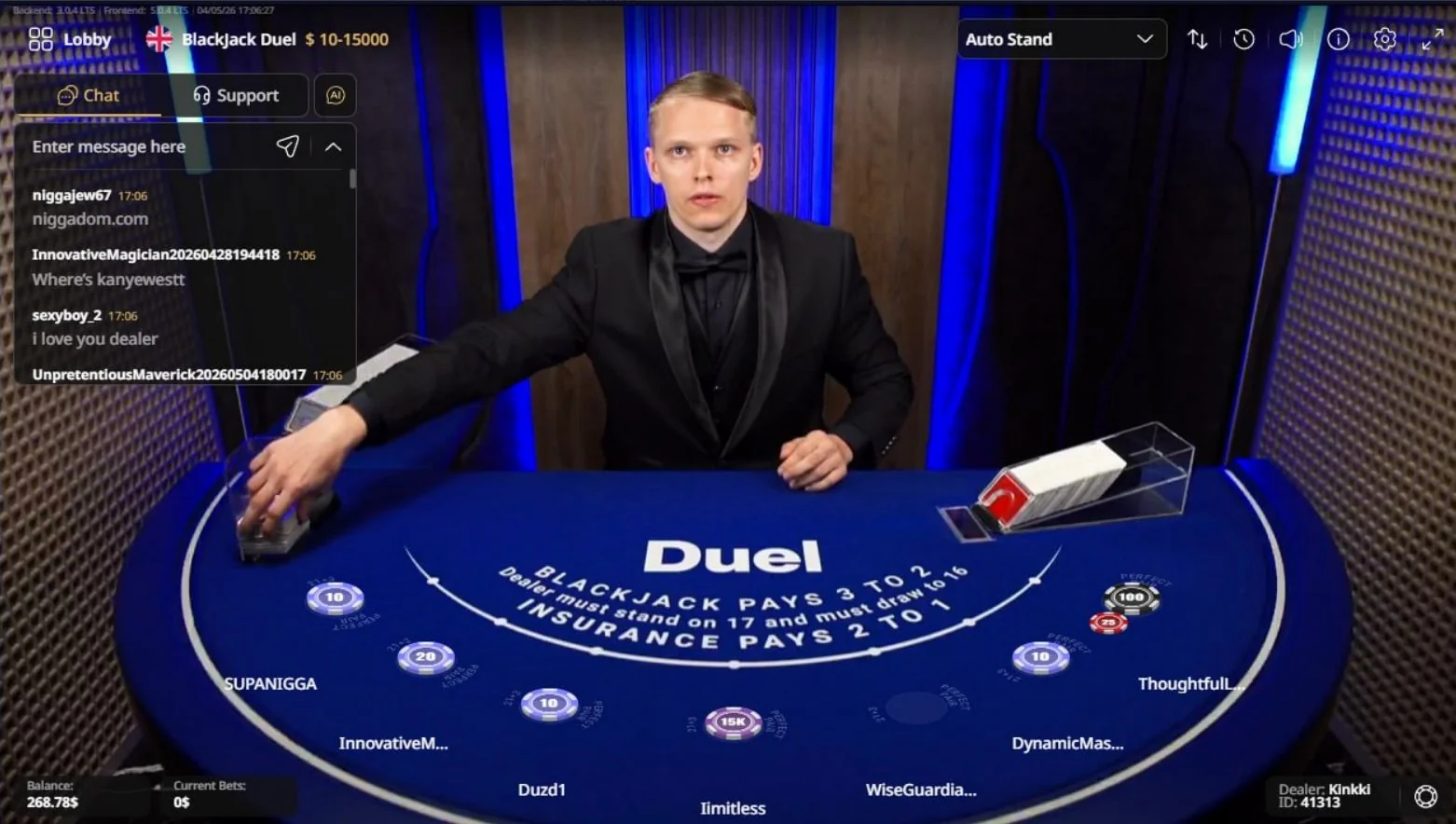 Live Blackjack Duel Casino — maksaa 3:2 · Jakaja seisoo 17:lla · Provably Fair · $10–$15 000