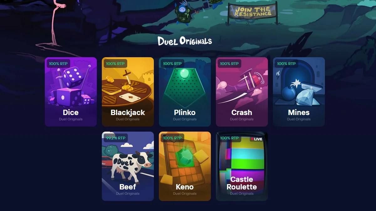 Duel Originals — 100% RTP kaikissa: Dice · Blackjack · Plinko · Crash · Mines · Beef · Keno · Castle Roulette · Video Poker · Groomer's Van