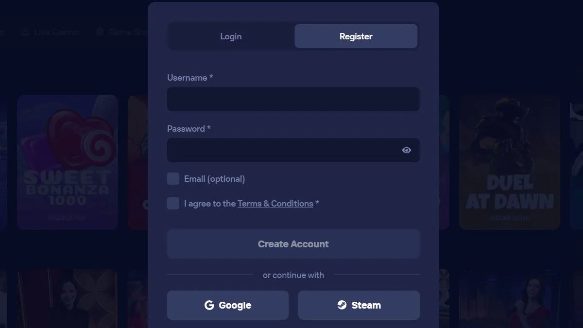 Duel Casino — Registrierung nur Benutzername + Passwort. E-Mail optional. Kein Ausweis.