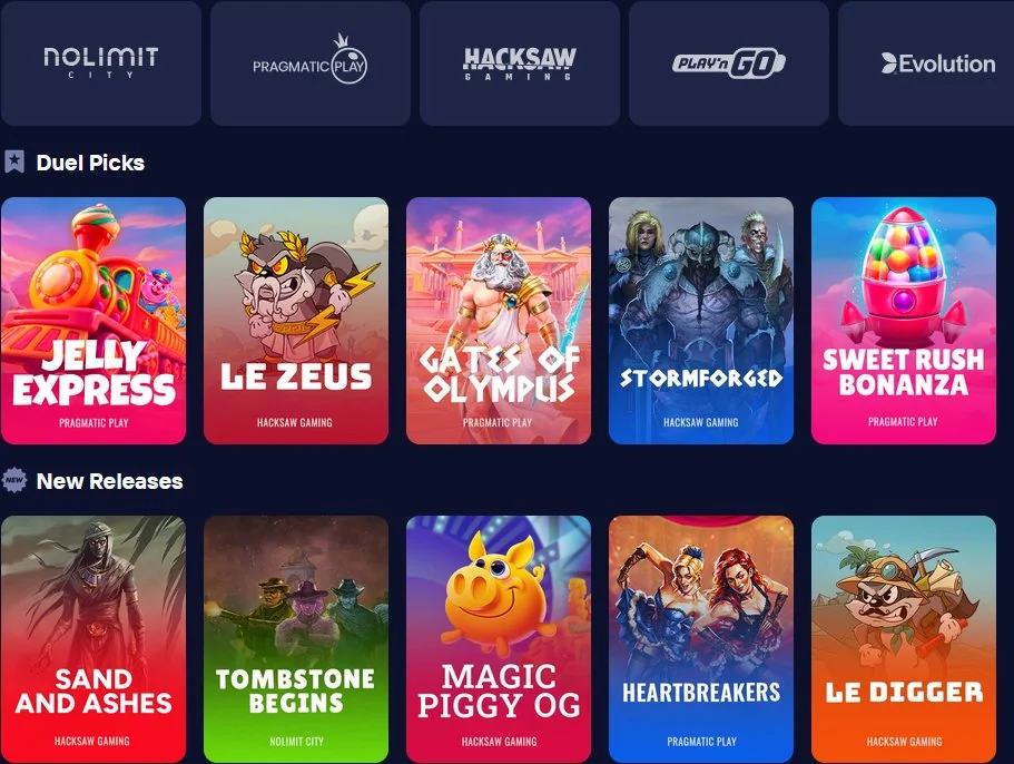 Duel Casino Slots — Anbieter: Nolimit City · Pragmatic Play · Hacksaw · Play'n GO · Evolution · Duel Picks